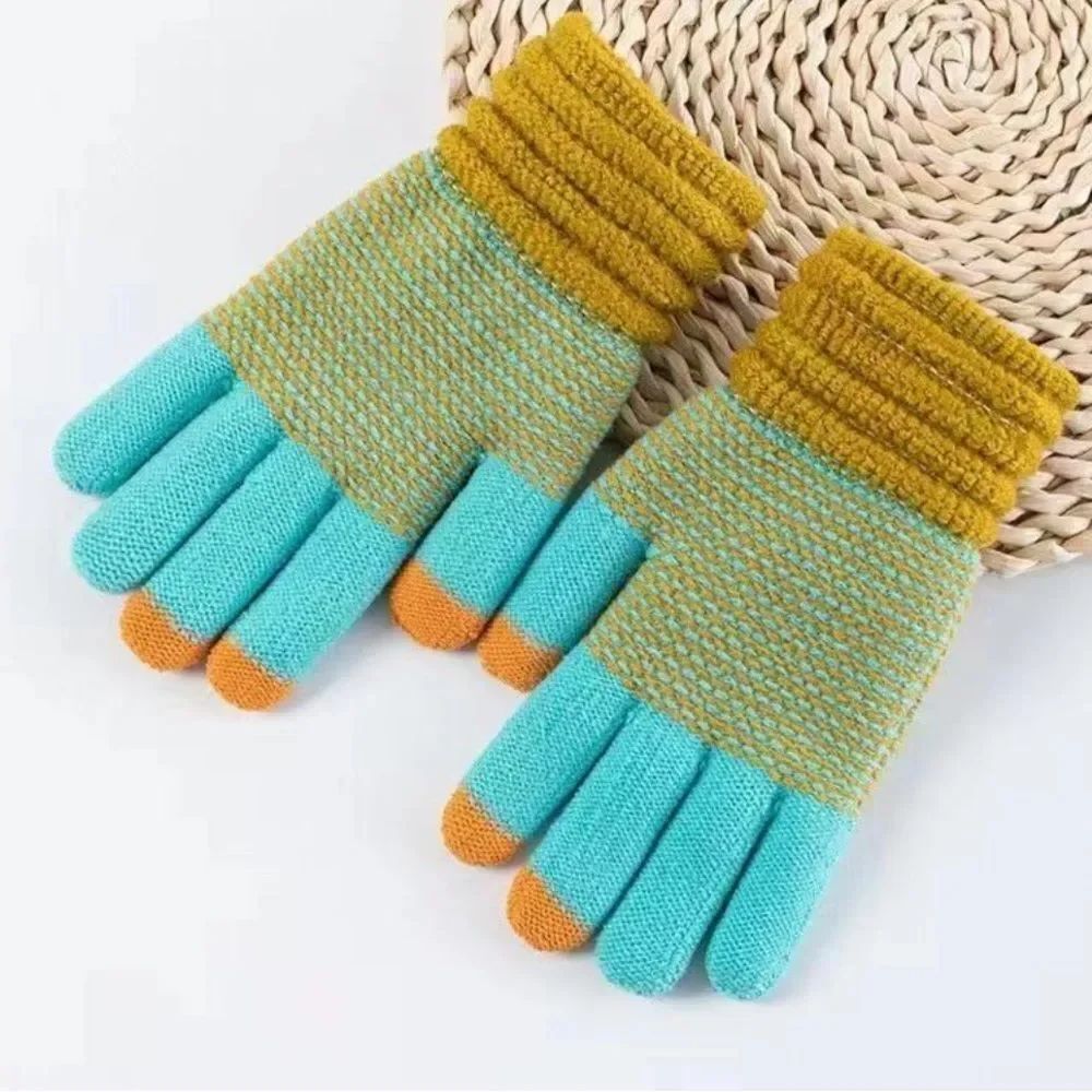 Colorful Knit Gloves with Orange Tips